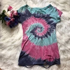 ▪️t o p s || distressed tiedye vneck top▪️